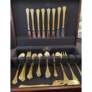 Vintage International E.P. Korea Gold Plated Flatware Fluted 46 Piece Case